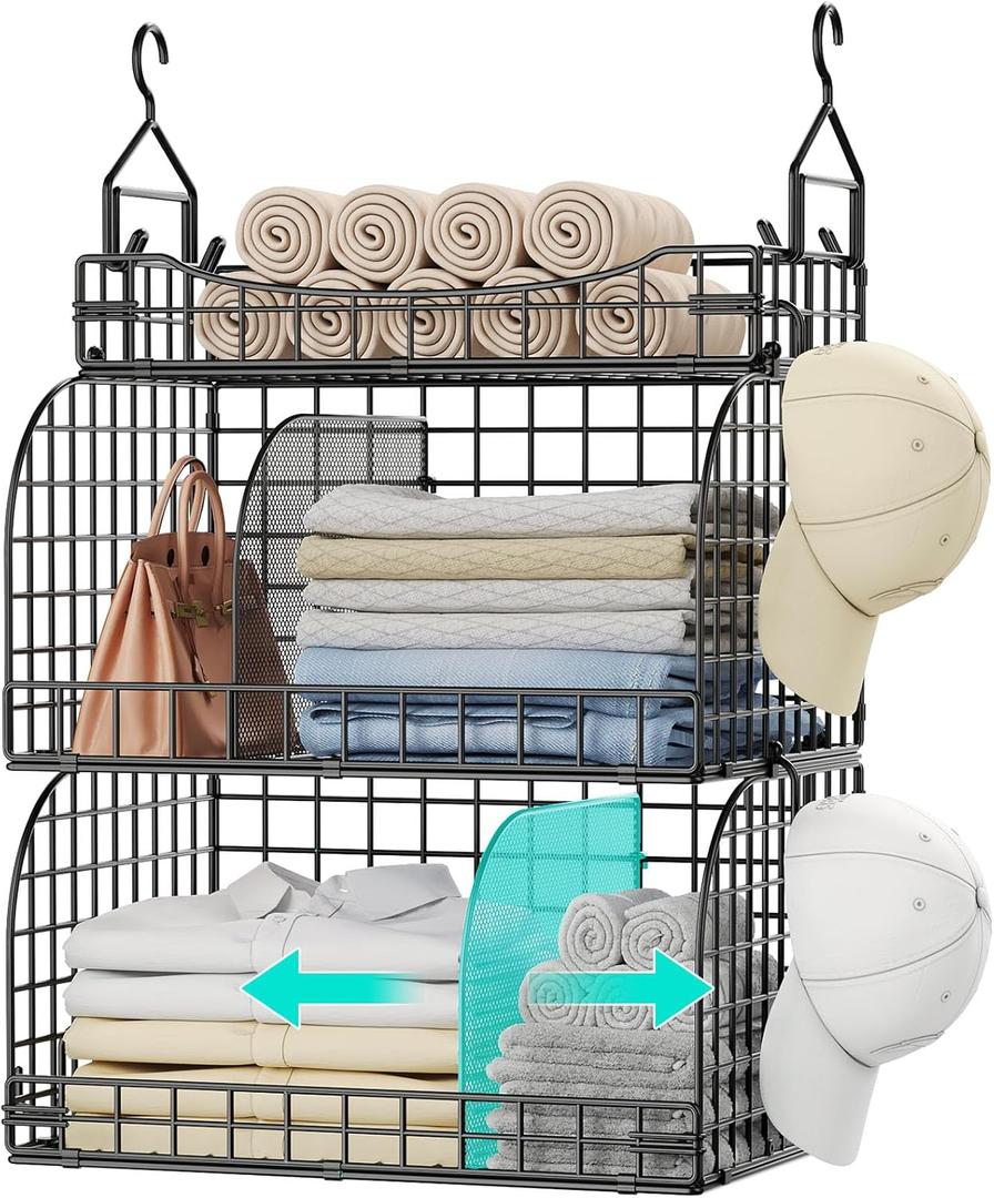 HapiRm Hanging Closet Organizer Storage - 3 Tier Metal Stackable Hanging Closet Shelves with Dividers and S Hooks, Foldable Clothes Shelves for Clothes, Pants, Shoes, Coat, Hats Clutches Accessories (Black)