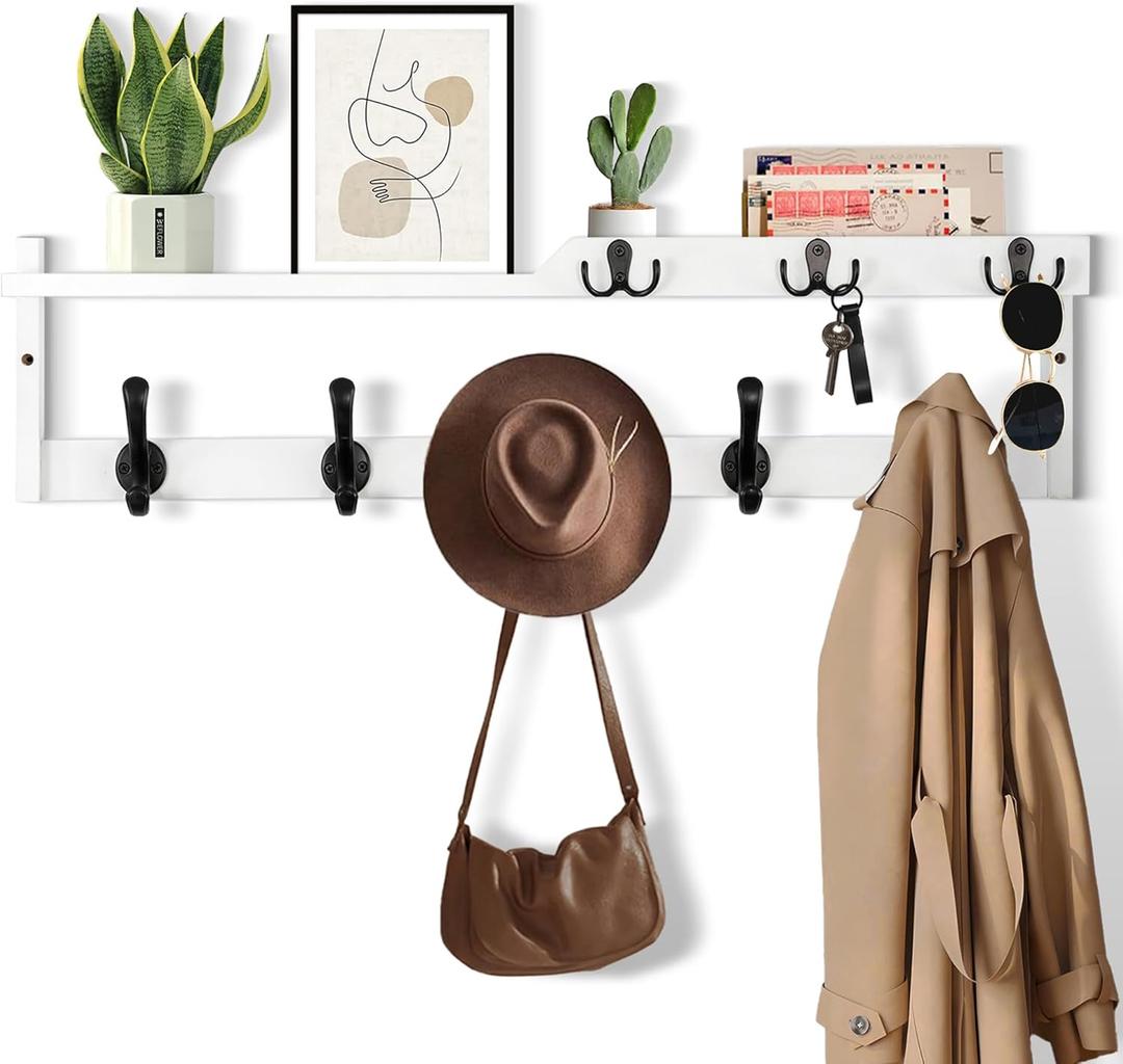29'' Coat Rack Wall Mount with Shelf, Coat Hanger Wall Mount with Key Hooks and Mail Holder, Wood Entryway Floating Shelf with Hooks and Storage, Hat Rack for Wall Key Holder Mail Organizer (29 Inch Long, White)