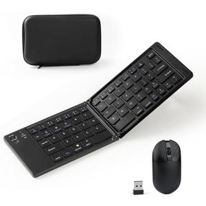 Foldable Keyboard and Mouse, 2.4G Wireless+Dual Bluetooth5.0 Folding Keyboard & Mouse Combos for Business and Travel, USB-C Rechargeable Portable Keyboard Mouse for iPads, Phones, Tablets-Black