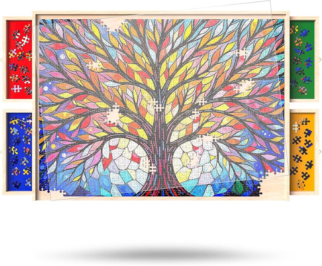 Puzzle Board with Drawers and Cover Rotatable 360-Degree Wheels 1000 Pieces Lightweight Portable Wooden Puzzle Table for Adults Kids 30'' x 22''