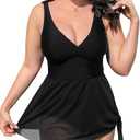 CUPSHE Women Tankini Sets Plus Size Two Piece Swimsuit High Waisted V Neck Mesh Ruched Self Tie Swim Dress, 1XL