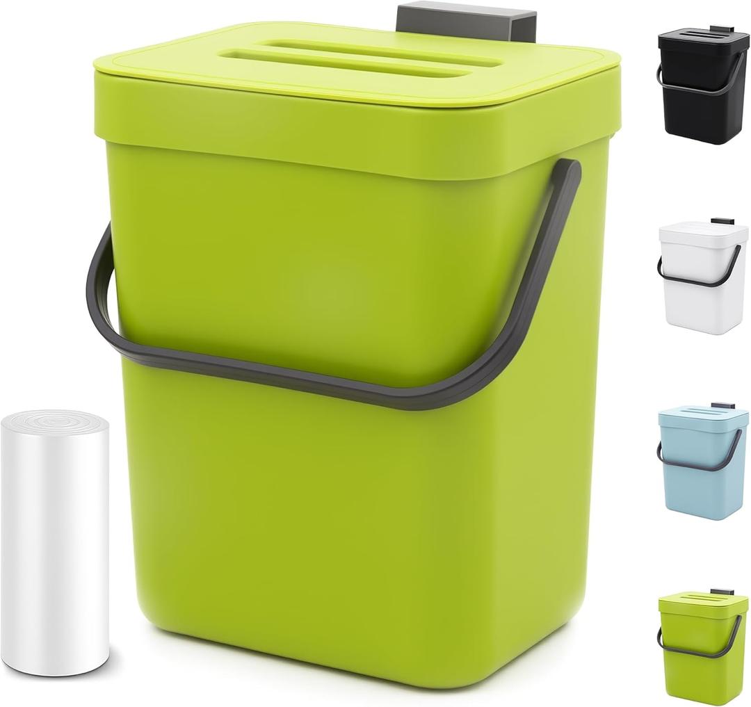 Compost Bin for Kitchen Countertop 5L/1.3 Gal Hanging Small Trash Can with Lid, Kichen Under Sink Trash Can, Wall Mount Indoor Compost Bucket with Lid (Lime Green)