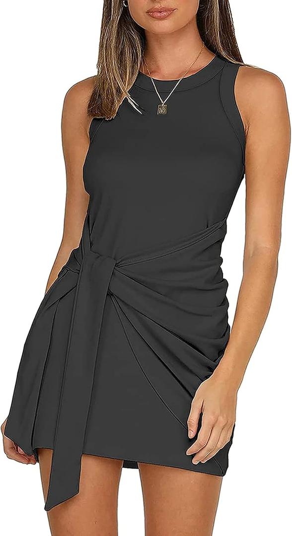 LIYOHON Women's Summer Casual Beach Dress Sleeveless Ruched Tie Tank Bodycon Wrap Mini Dresses (Large, Black)