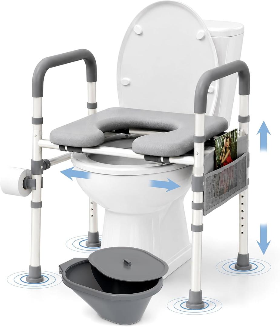 Raised Toilet Seat with Handles – Toilet Riser for Seniors – Adjustable Height & Width Commode Chair with Bowl – 500 lbs Handicap Elevated Seat for Elderly, Pregnant – Fits Any Toilet