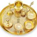 BENGALEN Brass Puja Thali Set 8 Inch Pooja Thali with Pital Design Plate Kalash Chandan Wati Dhup Dan Diya Ghanti Palli Arti Thali for Diwali Home Office Mandir Wedding Return Gift Items