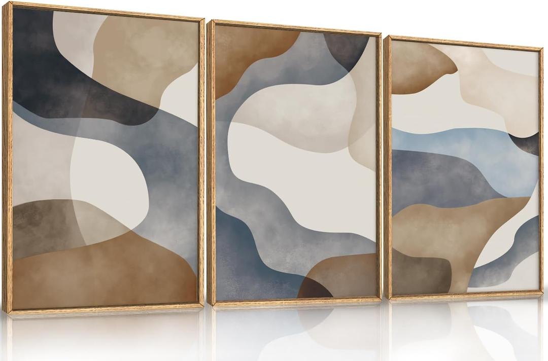 Large Abstract Watercolor Block Framed Canvas Wall Art,Colorful Neutral Geometric Wall Decor,Beige Blue and Brown Artwork,Modern Minimalist Line Art Print for Living Room,Bedroom-16 x24 x3