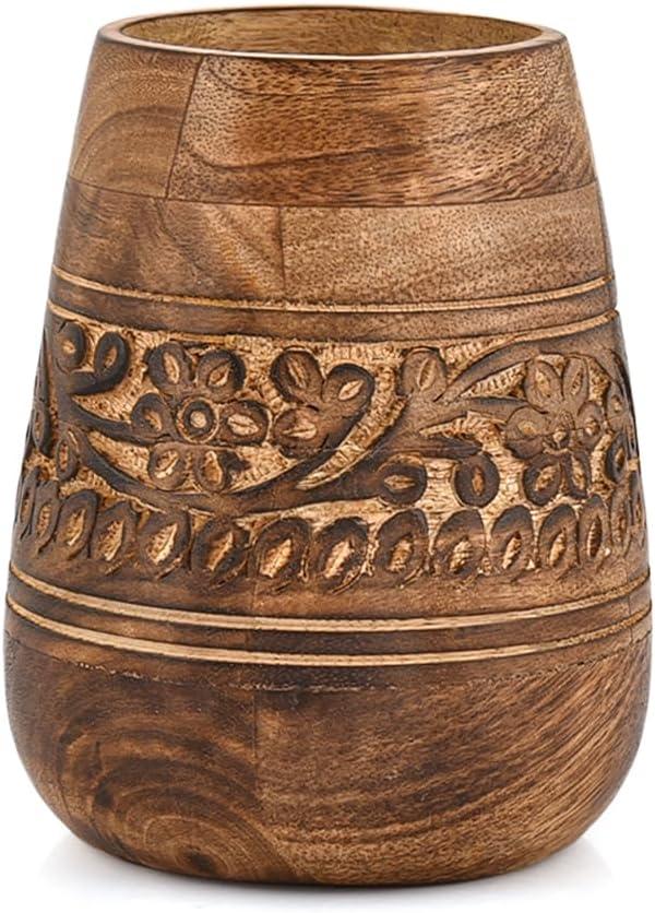 Utensil Crocks Mango Wood Floral Hand carving Utensils Caddy, Handcrafted Wooden Utensils Crock Cooking Spatula Organizer (4.5'' X 4.5'' X 5')