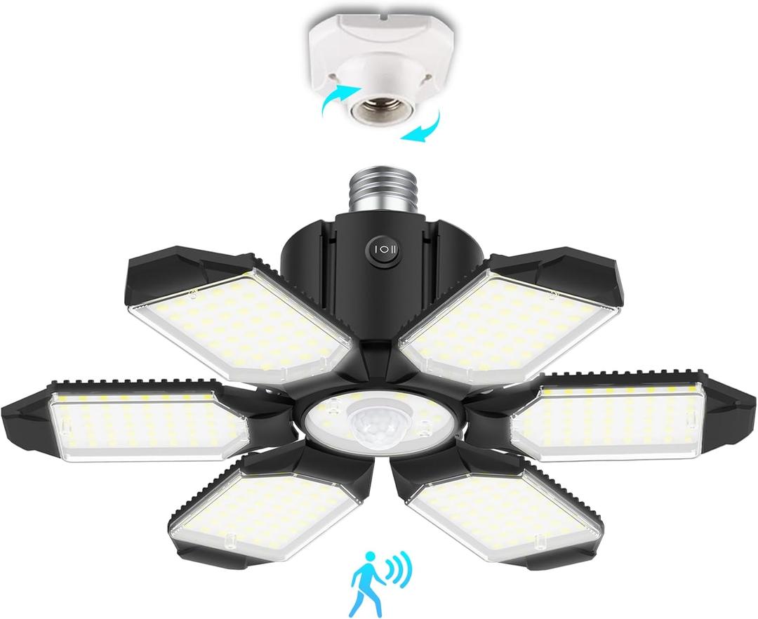 BRAINIAC Motion Sensor Garage Light with 3 Switch Modes, E26/E27 Screw in Garage Lights Ceiling LED Motion Activated for Garage/Shop/Porch-150W 15000LM 6000K BRAINIAC Motion Sensor Garage Light with 3 Switch Modes, E26/E27 Screw in Garage Lights Ceiling LED Motion Activated for Garage/Shop/Porch-150W 15000LM 6000K
