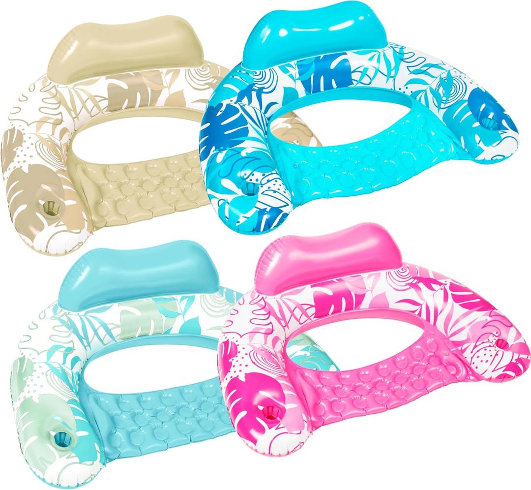 SLOOSH Inflatable Pool Floats Adult, 4 Pack Pool Chairs with Cup Holders,Blow up Floats Chair,Hammock Noodle Mat Leaves Design for Summer Water Fun Swimming Party Beach,Blue, Cyan, Pink, Champagne