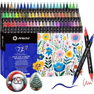 Artecho Acrylic Paint Markers 72 Colors, Acrylic Paint Pens with Brush Tip and Fine Tip for Stone, Rock Painting, Paper, Pumpkin, Wood, Egg, Canvas, Ceramic, Fabric, leather, Glass, DIY Crafts