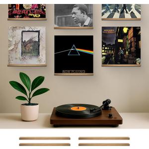 VOL-KI 4-Pack Vinyl Record Shelf Wall Mount  Solid NZ Pine Wood Floating Vinyl Display Shelf & Record Holder, Includes Now Playing Display, Marking Strip & Mini Level (Rich Walnut)