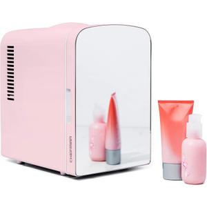 Chefman - Iceman Portable Mirrored Personal Fridge 4L Mini Refrigerator, Skin Care, Makeup Storage, Beauty, Serums & Face Masks, Small For Desktop Or Travel, Cool & Heat, Cosmetic Application, Pink