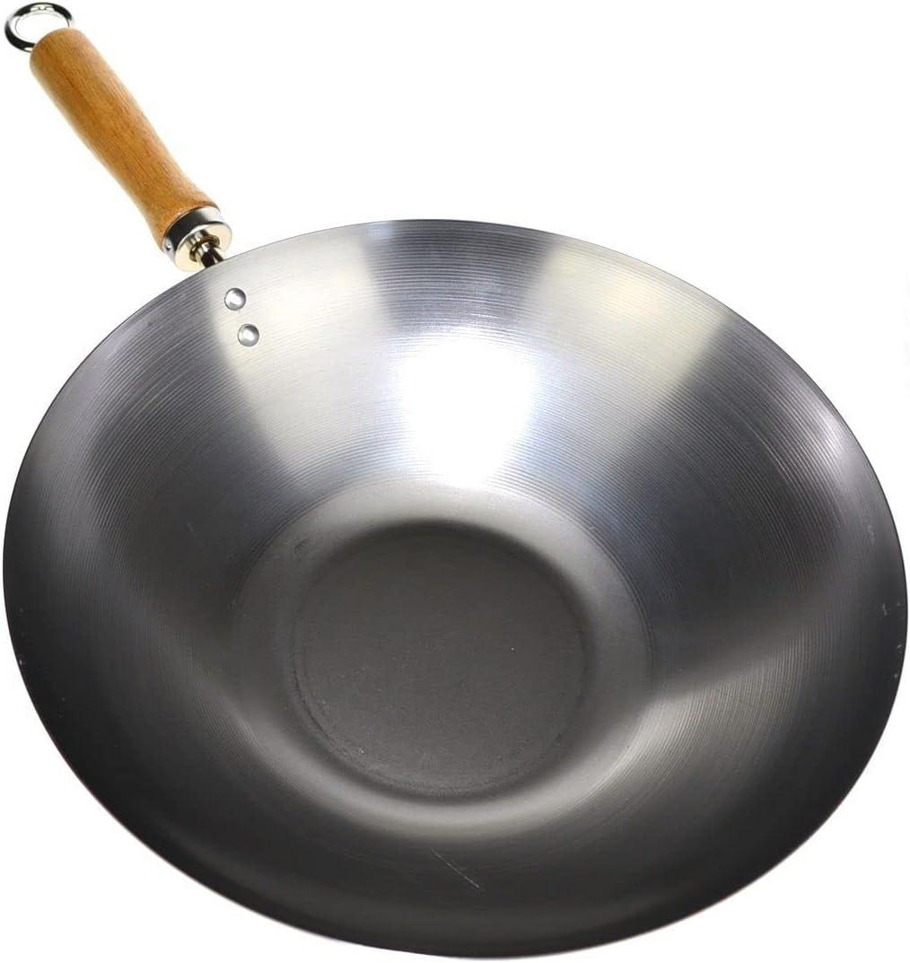 NEW WOK PROFESSIONAL CARBON STEEL 30cm Chinese Wood Handle Asian Flat Base Stir