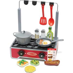 Melissa & Doug 17-Piece Deluxe Wooden Cooktop Set with Double-Sided Play Food, Durable Pot, Pan, and Hanging Utensils – Wooden Pretend Play Kitchen Playset for Toddlers and Kids Ages 3+