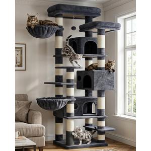 Hey-brother Cat Tree, 74 inches Multi-Level XL Large Cat Tower for Indoor Cats with Three Cat Condos, Two Large Top Decks and Cat Hairbrushfor Kittens, Cats and Pets, Smoky Gray MPJ035-MG