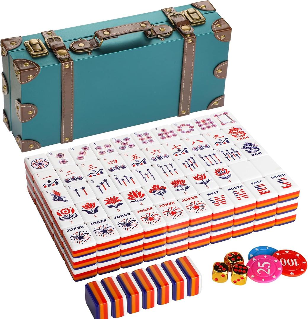 Topmahjing American Mahjong Tile Set, 166 Acrylic Carved Tiles with American Classic Culture Theme, 4-Layer Colorful Tiles, 100 Chips, 3 Dice, Vintage Classic Leather Portable Travel Case