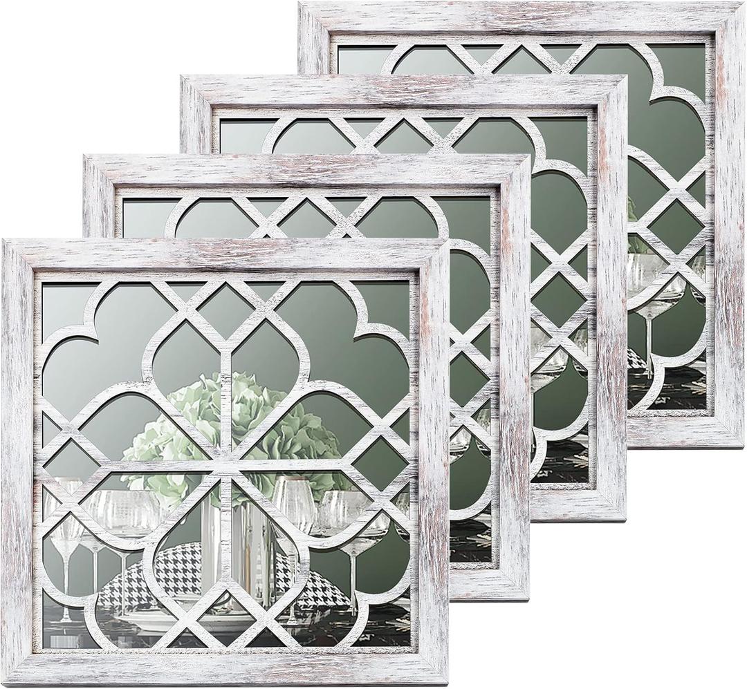 Tatuo 4 Pcs Mirrors Square Wall Mirror, Gorgeous Rustic Farmhouse Accent Mirror, Rustic for Bathroom Renovation Bedrooms Living Rooms, 12 x 12 Inch(Elegant White)