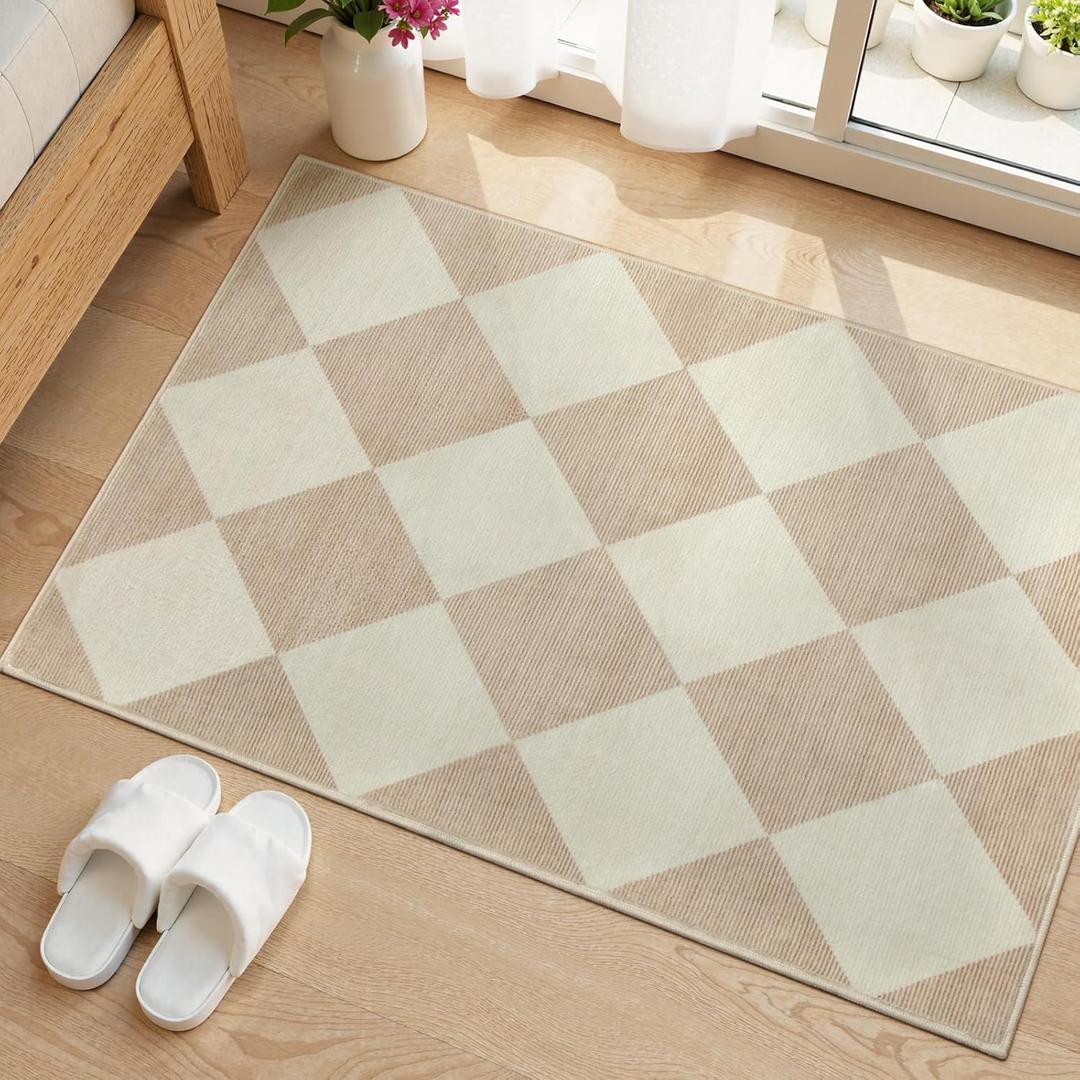 Beeiva Checkered Print Washable Indoor Door Mats for Entryway, 2x3 Non Slip Ultra Thin Bathroom Rugs Fit Under Door, Moroccan Diamond Decor Beige Small Rugs for Bedroom Kitchen Laundry Entrance