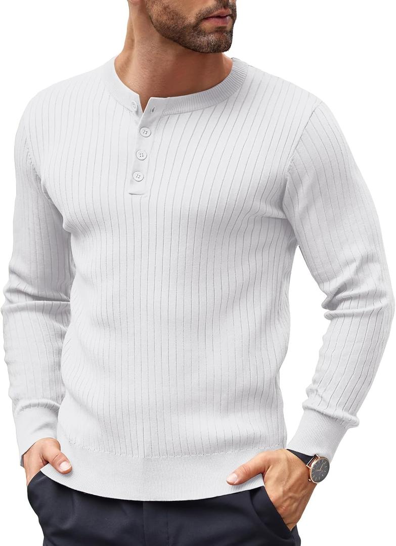 COOFANDY Mens Knit Henley Sweater Long Sleeve Button Down Lightweight Sweater Fall Slim Fit Ribbed Pullover (White)