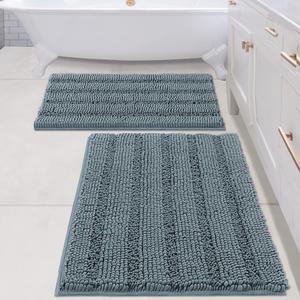 H.VERSAILTEX 2 Piece Bathroom Set - Super Absorbent Chenille Striped Bath Mats - Non Skid, Machine Washable - Stone Blue, 24 x 36 Plus 20 x 32 Inches