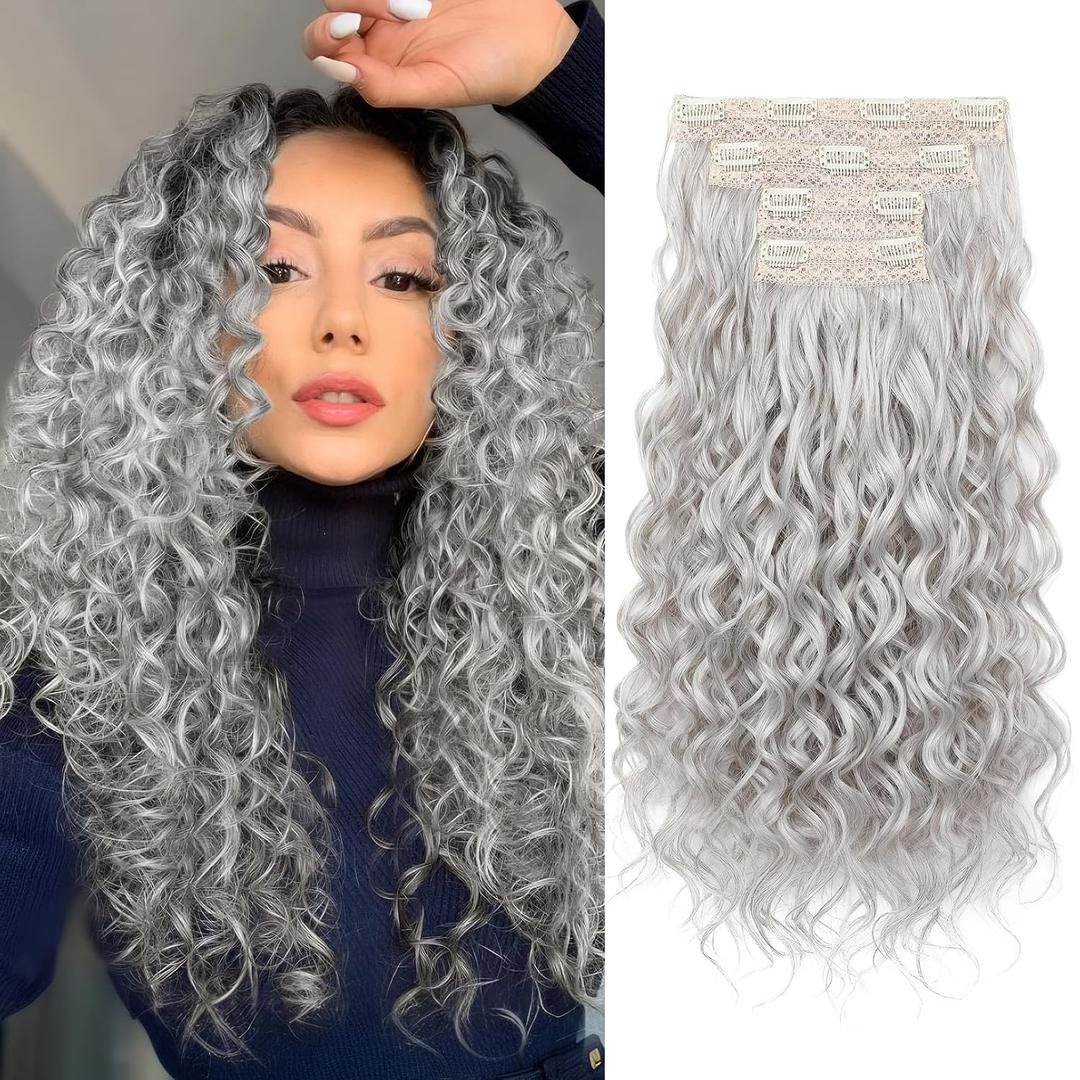 REECHO Curly Hair Extensions, 4PCS 20 inch Clip in Hair Extensions Lace Weft Short Curly Extensions Clip Ins Invisible Natural Hairpieces for Women, Silver Grey