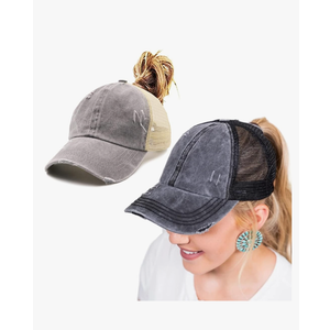 ProMindFun Womens Pony Hat High Ponytail Baseball Cap Girls Messy Bun Caps Camouflage Trucker Bad Hair Day Adjustable Dad Hat Black and Gray