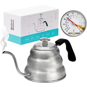 Barista Warrior Gooseneck Kettle with Thermometer - 1L Pour Over Coffee & Tea Kettle, 18/8 Stainless Steel Gooseneck Kettle Pot, Precision Pour Drip Spout, Suitable for All-Stoves (34 fl oz)