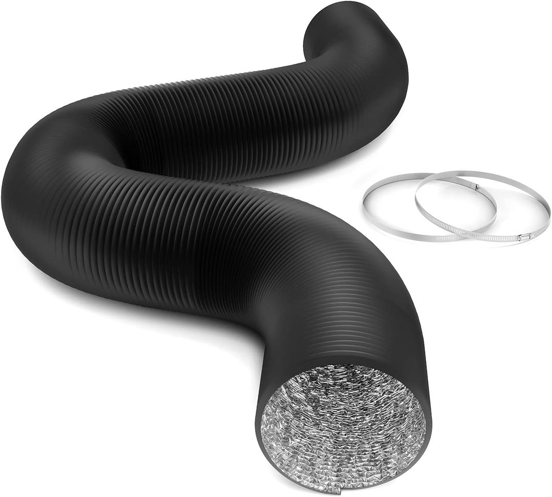 iPower Flexible 8 Inch 25 Feet Aluminum Ducting 4 Layer Protection Dryer Vent Hose for HVAC Heating Cooling Ventilation and Exhaust, 2 Clamps Included, Black