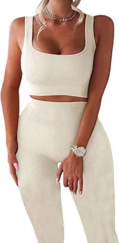 YESDOO Women's Workout Outfits Ribbed Tank 2 Piece Seamless High Waist Gym Outfit Yoga Shorts Leggings Sets, Size M