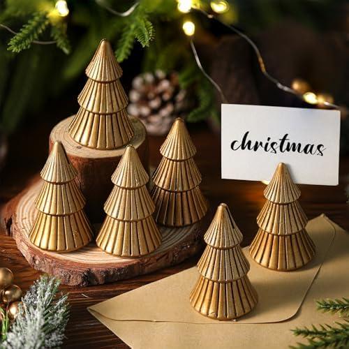 Bucherry 6 Pcs Christmas Tree Place Card Holders Mini Antique Gold Christmas Table Number Holders Farmhouse Resin Winter Table Centerpieces Decor for Xmas Wedding Party Decorations