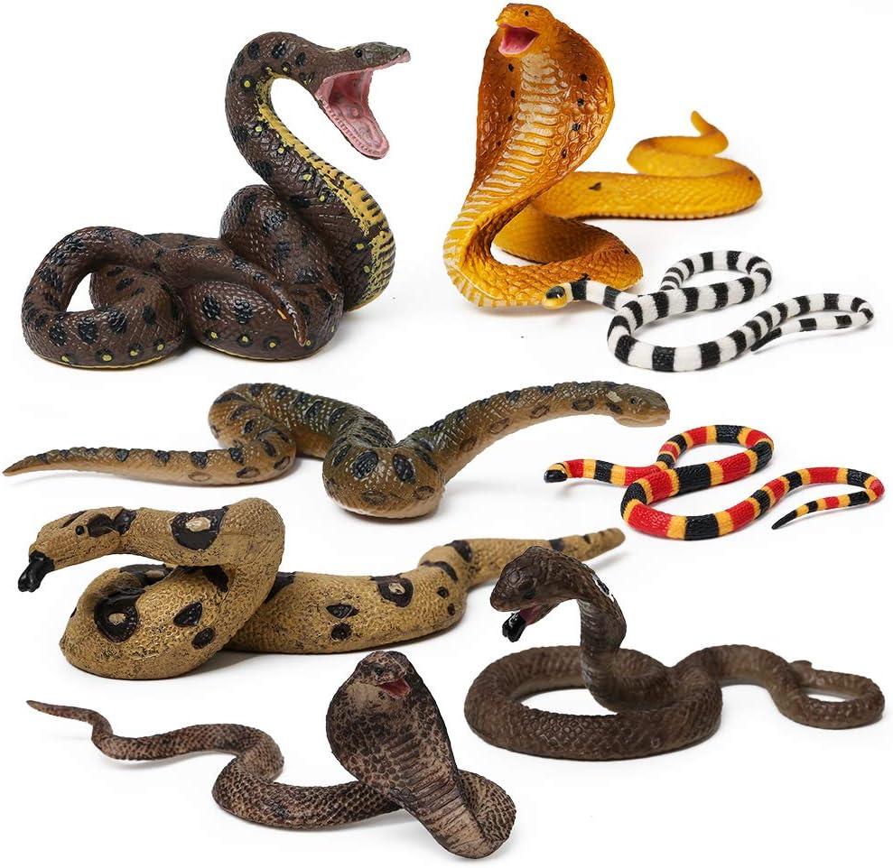 UANDME 8pcs Fake Snakes Toy Figurines Realistic Fake Snake Prank Rubber Snake Props Scary Snake Toy Scare Birds, Cobra Snake, Boa Constrictor, Coral Snake, Rattlesnake Wild Life Figures