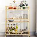 Square Gold Bar Carts with 3 Tier Storage Glass Shelves Holder Home Serving Bar Carts on Wheels for Kitchen, Bar, Dinning Room, 14 x 28 x 35 inches