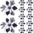 12 Pieces 5.7 Inch Christmas Poinsettia Flower Christmas Glitter Artificial Flower with Clips Xmas Tree Ornament for Wreath Garland Party Decor (White,Black)