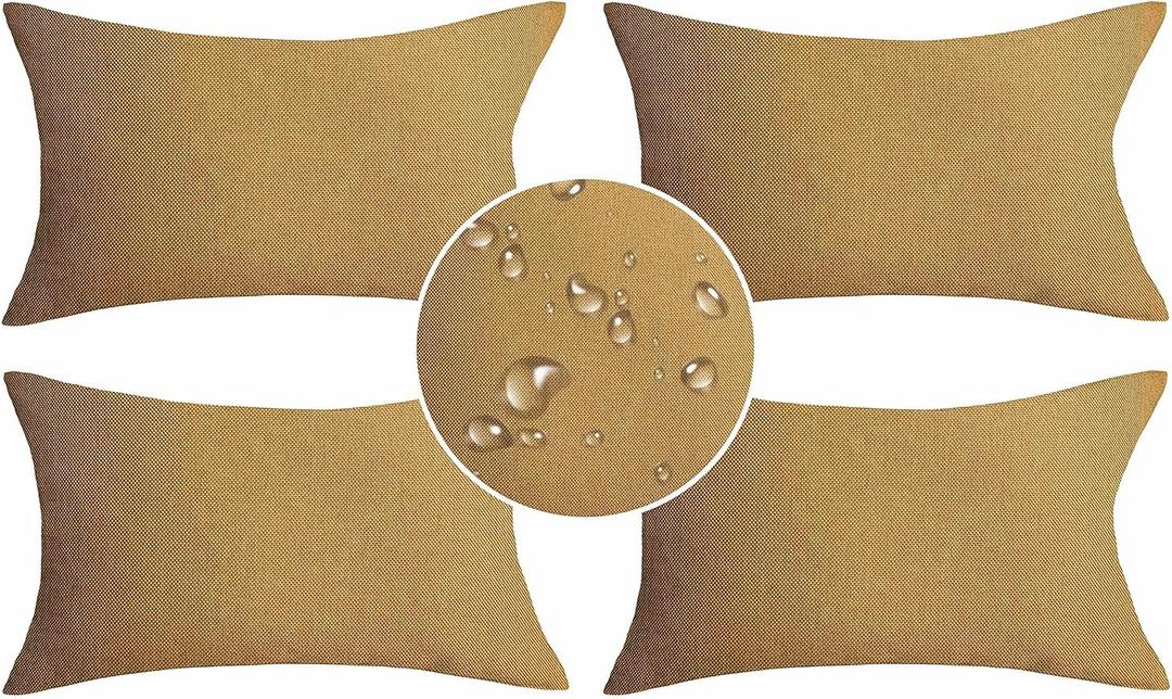 Demetex 12x20 Pillow Covers Outdoor Yellow Lumbar Pillow Cases Waterproof Throw Pillows for Couch Bed Bench Chair, Set of 4, 12 x 20 Inch, Khaki