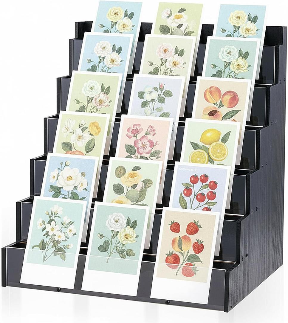 6 Tier Greeting Card Display Stand Black Bamboo and Acrylic Sticker Display Stand Trading Card Holder Retail Photos Shelf for Vendors Craft Collection & Show