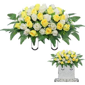 Artificial Cemetery Flowers Saddle - Grave Decoration Headstone Flower Rose for Outdoor Grave Decorations (Yellow White)