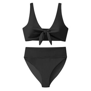 ANRABESS Bikini Sets for Women Summer High Waisted 2 Piece Bathing Suit Ribbed Tie Knot Swimsuit 2026 Beach Vacation Swimwear Black, L
