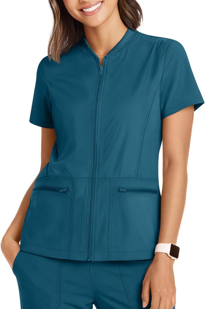 Oakgarden Women's Scrub Top Full Zip up Short Sleeve Nurse Shirts with 2 Zipper Pockets Jackets Lightweight Medical Uniform (Blue, S)