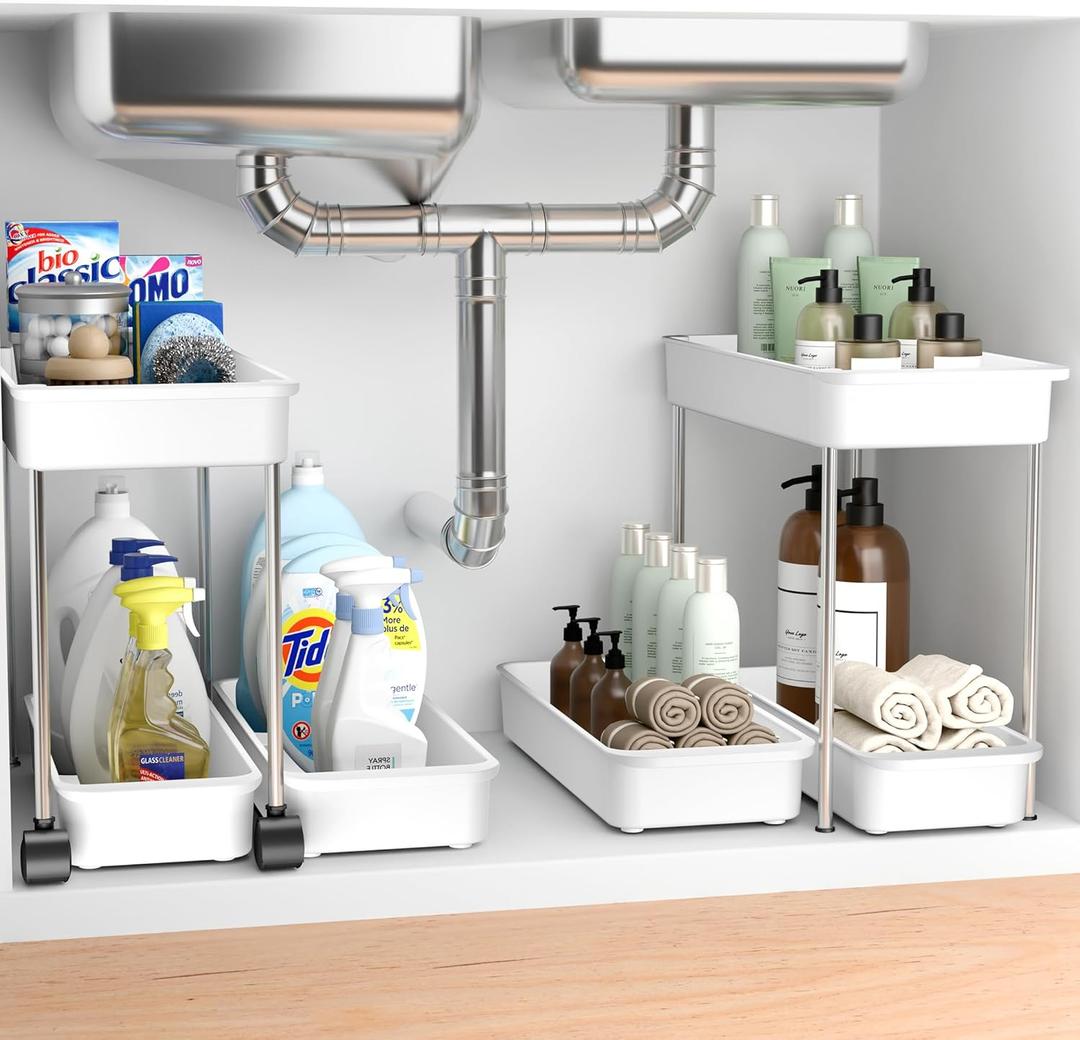 2-Tier Under Sink Organizer with Smooth Rolling Wheels, Pull-Out Bottom Storage Drawer with Easy-Lift Handle, Metal & Plastic Sliding Cabinet Organizer for Kitchen & Bathroom, White, 2 Pack