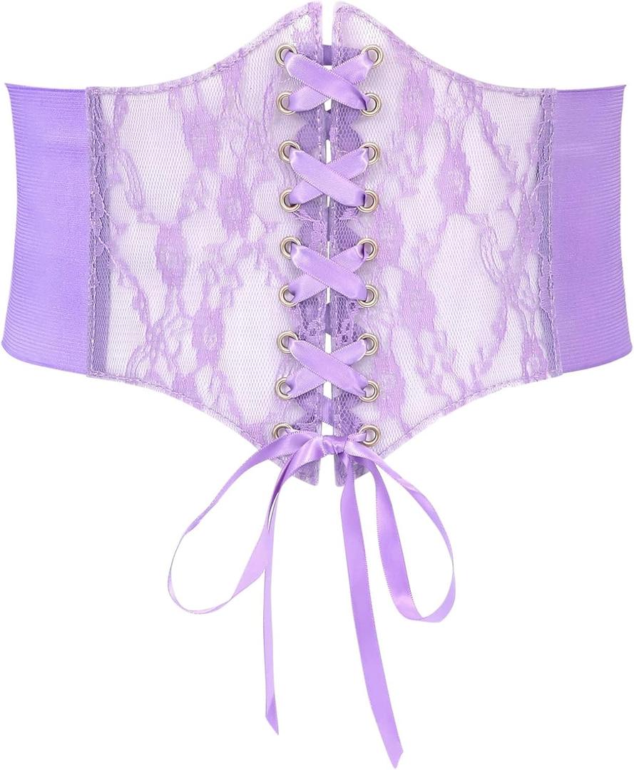 WHIPPY Women Lace-up Corset Waist Belt Transparent PVC Lace Crochet Petal Elastic Wide Belt for Dress (S: Fit Waist 27-30 Inches, Purple)