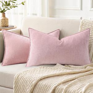 DecorUhome Couch Throw Pillow Covers 12x20 Set of 2, Decorative Soft Neutral Chenille Lumbar Pillow Covers with Elegant Design for Sofa Bed Living Room Home Decor, Blush Pink