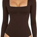 MANGOPOP Women's Square Neck Short Sleeve Long Sleeve Bodysuit Sexy Body Suits Shirt Slim Fitted Tops (Medium)