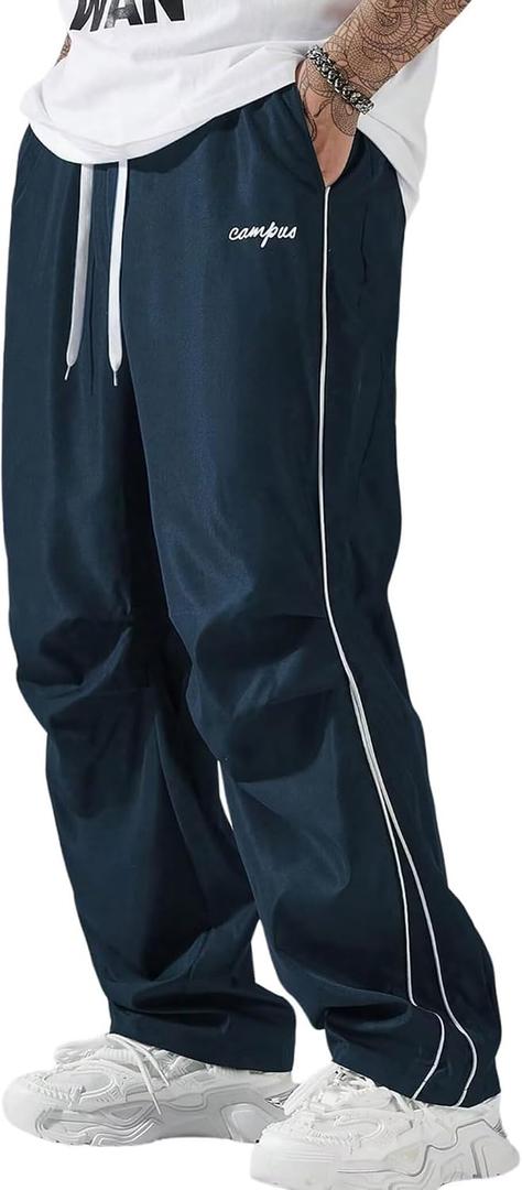FCOOLYEET Men Track Pants Y2k Drawstring Lightweight Sweatpants Wide Leg Cool Parachute Pants Streetwear (S)
