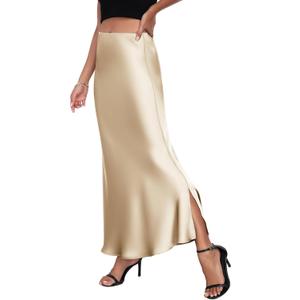 PEIQI 2026 Women's Satin High Waisted Maxi Skirts Summer Fall Silk Cocktail Party Flared Casual A Line Skirt (Beige)