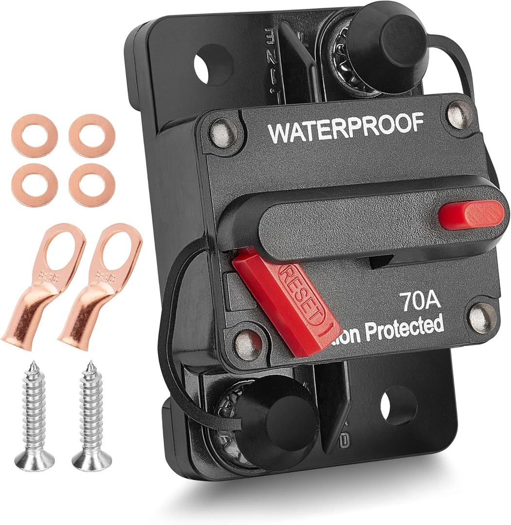 RED WOLF 70A Car Circuit Breaker w/Manual Reset Switch Inline Fuse Holder Inverter for Motor Trolling Vehicles Audio Radio Solar System Protection 12V-48V DC with Wire Lugs Copper Washer Screws