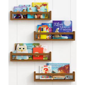 Forbena Walnut Brown Nursery Bookshelf Wall Mounted, Wooden Floating Book Shelves for Wall, Nursery Hanging Bookshelves for Baby Toddlers Kids Room Bedroom (Pine Wood, Walnut Color, 4-Pack) (16.5 Inch)