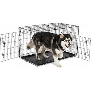 Large Dog Crate with Double Door, 48 Inch Folding Metal Wire Kennel Cage | Collapsible Metal Kennel for Puppies, Medium to Large Dogs, Removable Tray and Foldable for Easy Storage