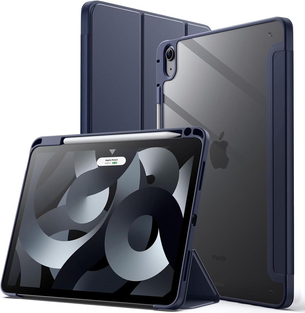 JETech Case for iPad Air 11-Inch M3/M2 (2025/2024), iPad Air 5/4 (2022/2020 5th/4th) with Pencil Holder, Clear Transparent Back Slim Stand Shockproof Tablet Cover, Auto Wake/Sleep (Deep Navy)