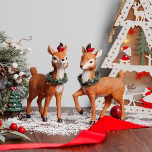 Topadorn Christmas Reindeers Statues Deer Figurine with Cardinal Bird Decoration for Christmas Decor with Wreath Set of 2