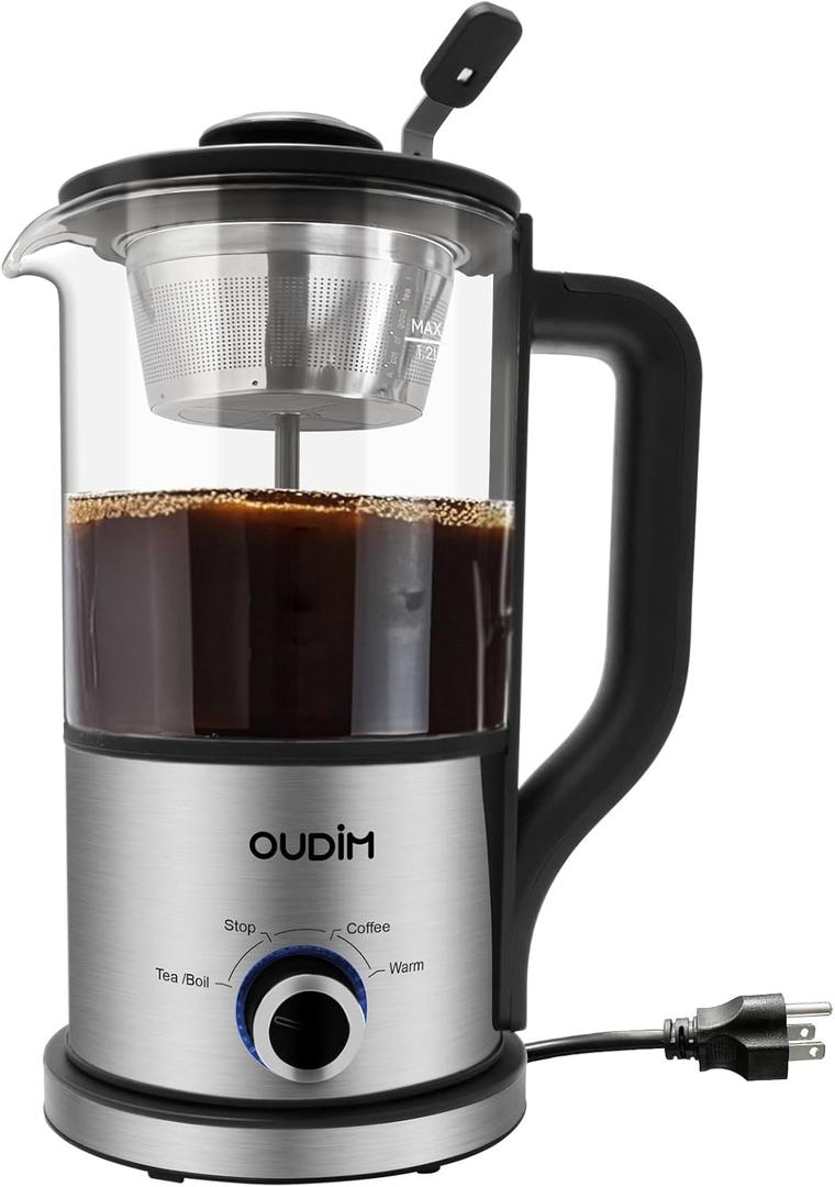 oudim Drip Electric Coffee Maker, Electric Kettle, Watering Extracts, 600 Watts, 1.2L, BPAfree, Tea Free Kettle Coffee Press, Glass and Stainless Steel, Coffee Maker, Tea Kettle